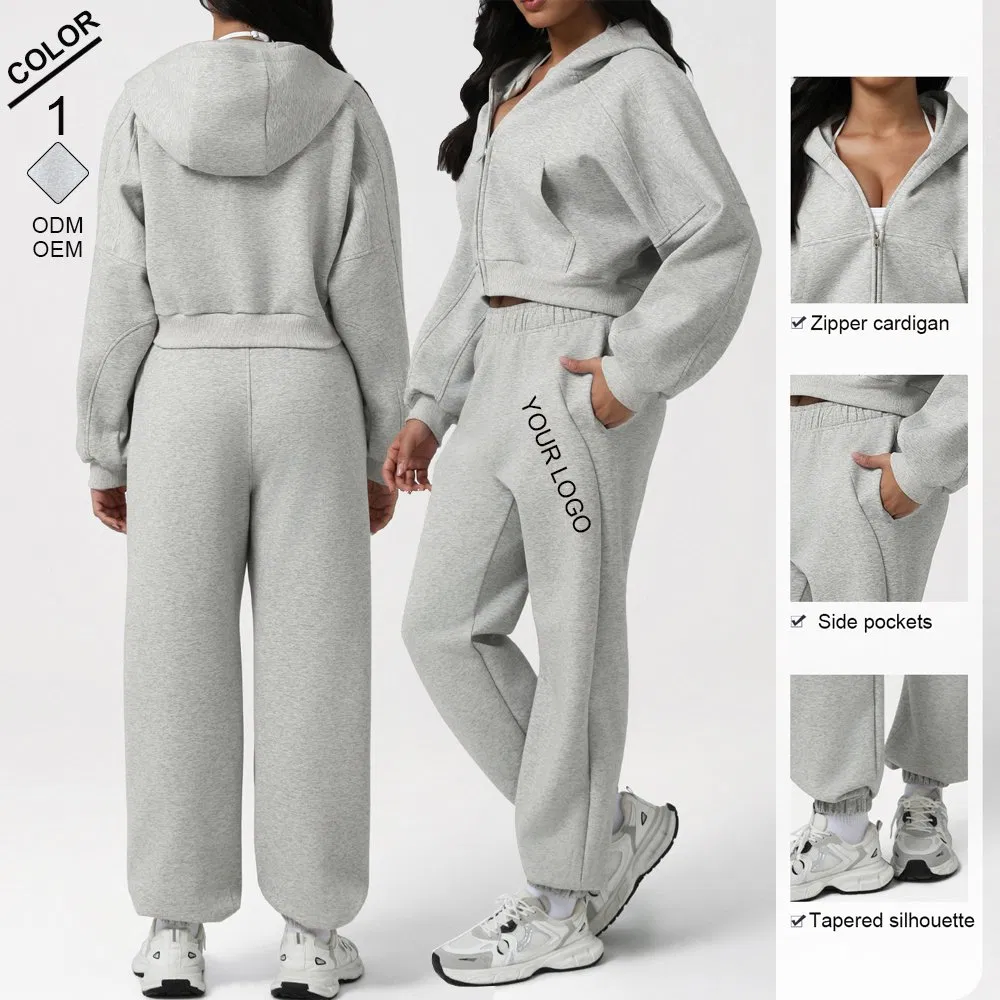 Women Autumn/Winter Thickened Hooded Zipper Jacket Casual Loose Sportswear Two-Piece Clothing Set