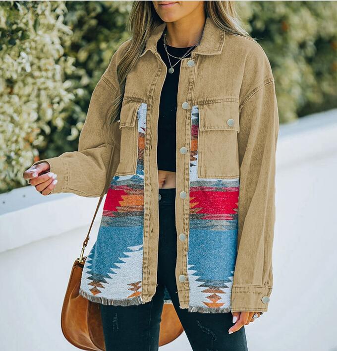 2023 Latest Hot Selling Western Custom Long Sleeve Loose Shacket Coat Outerwear Vintage Denim Aztec Jacket for Women