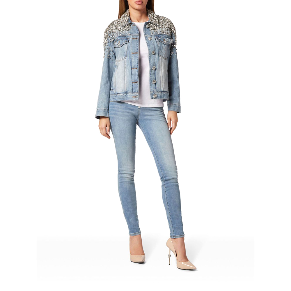 Luxury Women's Gothic Button Pearl Diamond Belt Washed Eco-Friendly Waterproof Long Sleeve Denim Jacket High Quality Made