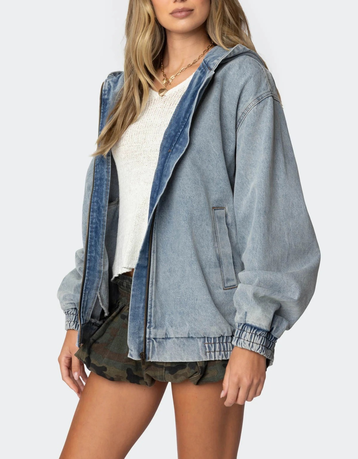 Women's Casual Streetwear Hooded Denim Bomber Jacket with Zip-Up Elastic Cuffs Light Blue Slouchy Fit Autumn Stonewashed