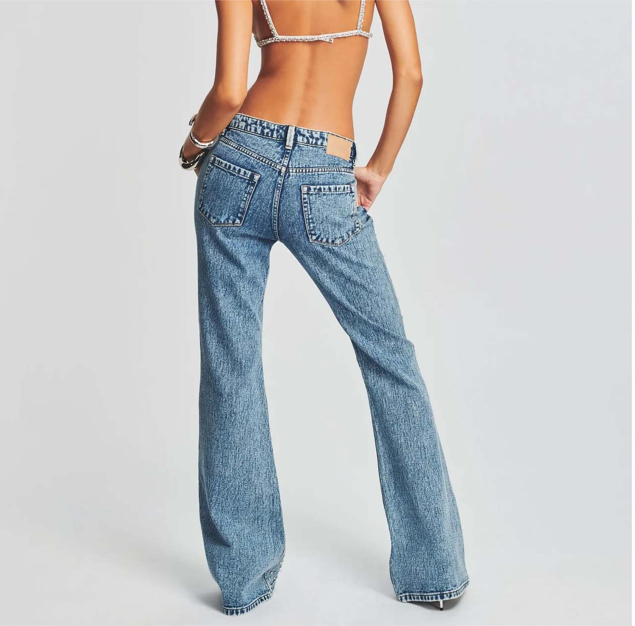 New Stylish Y2K Chinese Women's Rhinestone Denim Jeans Pant Paisley Pattern Hip Hop Embroidered Rivet Decoration Casual Utility