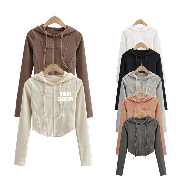 Fashion Short Style Hoodie New Long Sleeve Custom Embroidered logo Umbilical Cord Zipper-up Fish Bone Street Style Women Hoodie