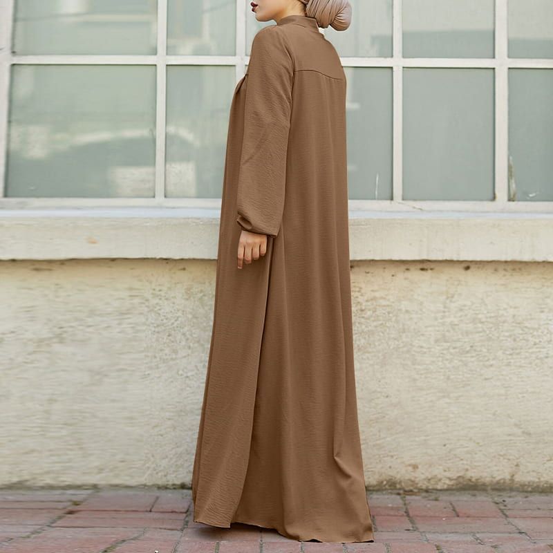 2025 New Handmade Muslim Women's Loose Kaftan Stand-Up Collar Zipper Cardigan Pocket Breathable Arab Style Prayer Dress Middle