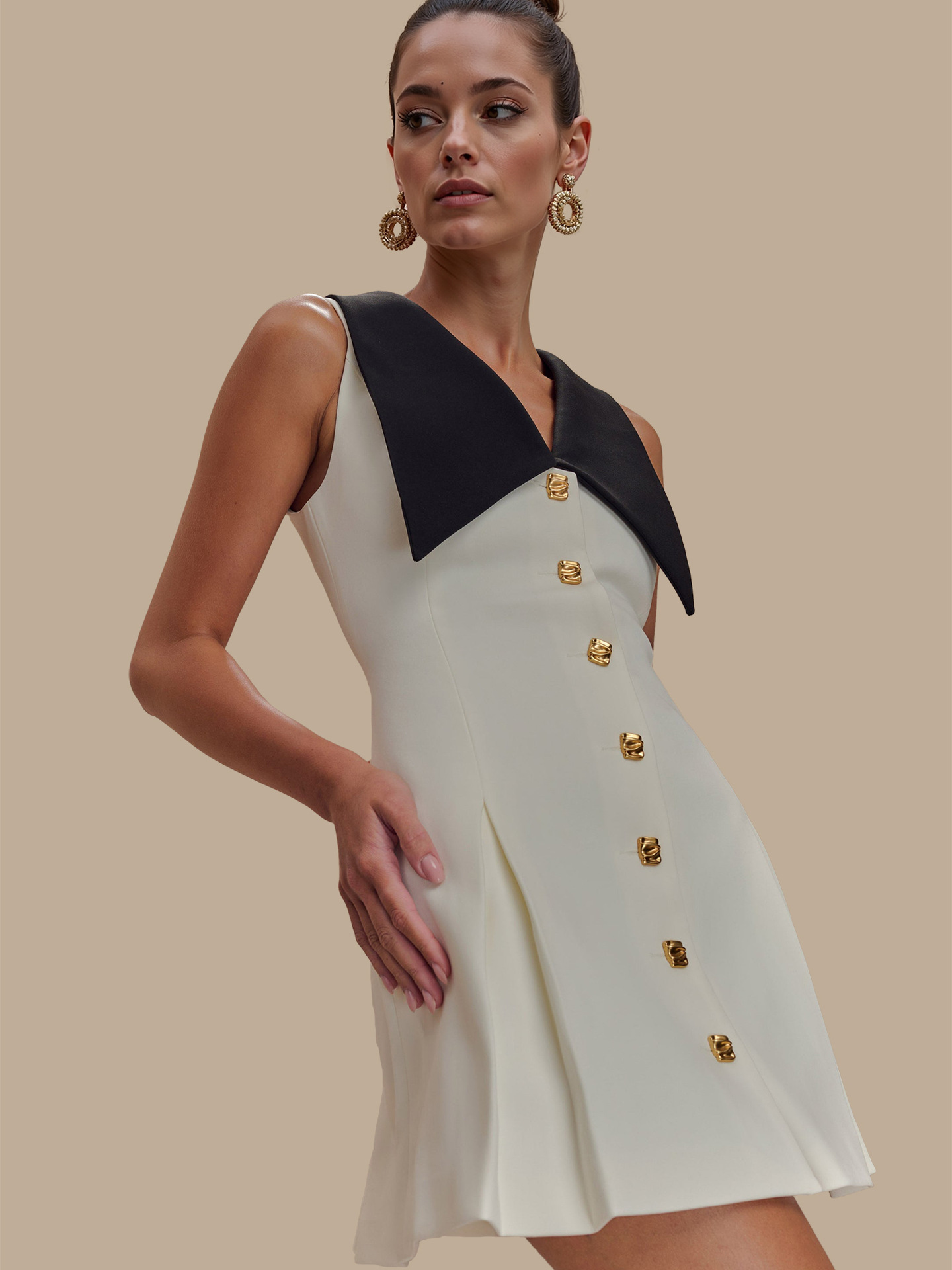 Factory Direct Knee Metal Button Solid Long Sleeve Dress Waist Cinching Pleated Short Modest Style Custom Logo Spring Autumn