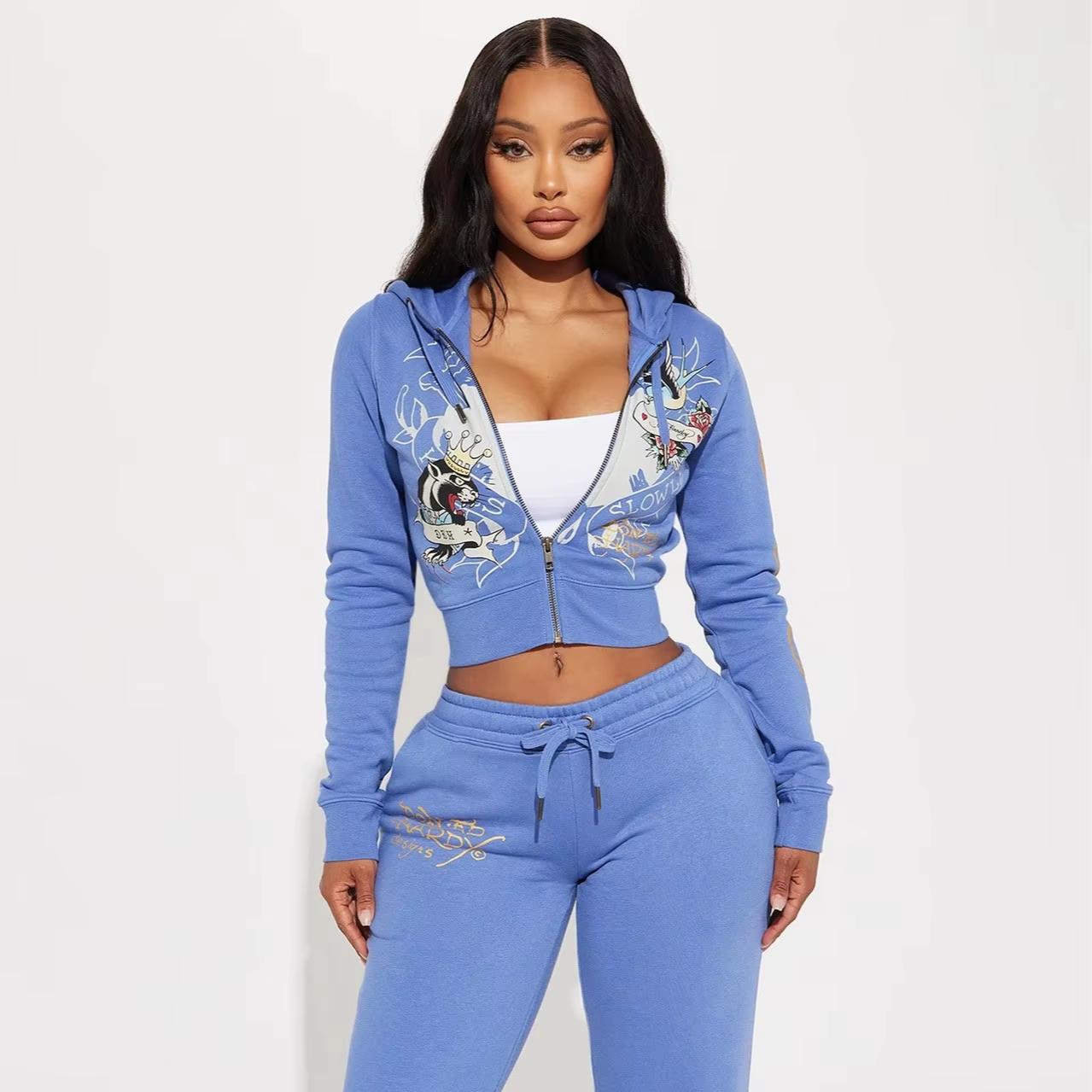 Streetwear Hoodie Fall Zip Hooded Crop Tops and Sweat Pants Graphic Printed Casual Plus Size 2 Piece Set Women Jogger Sets