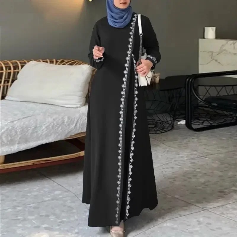 Muslim Women Lace Robe Dress Fashion Long Sleeve Vest Spring Casual Dresses for Women
