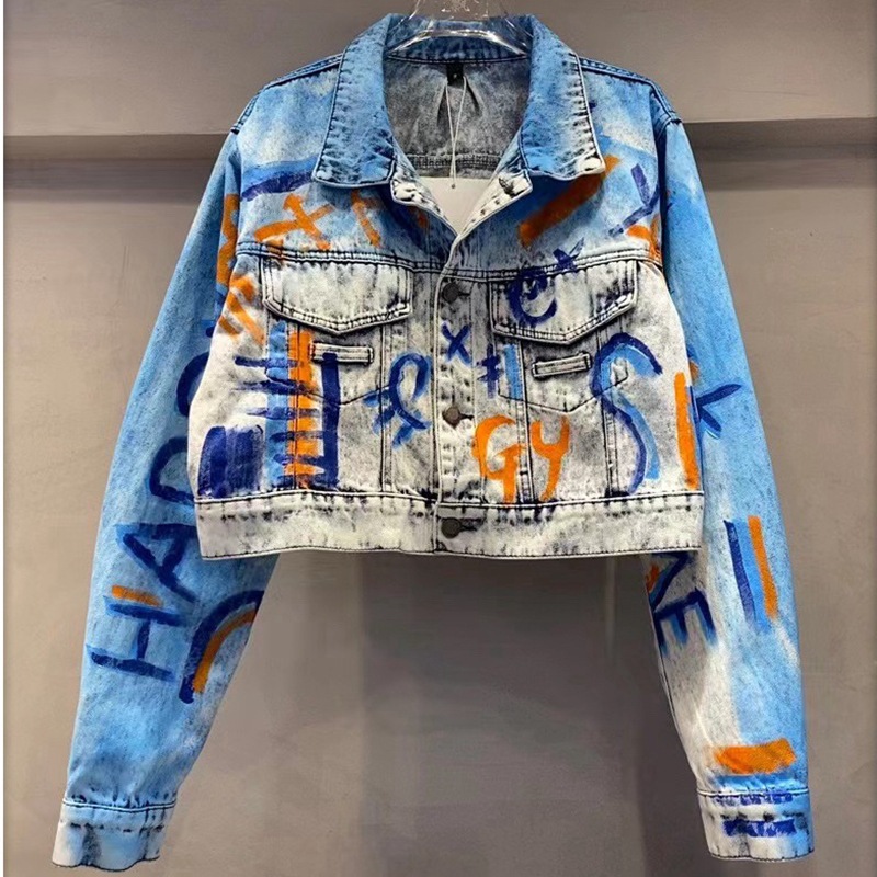 Hot Selling Female Denim Jacket for Spring Vintage Y2K Style Hand-Painted Graffiti Fashionable Loose Fit New Female Personality
