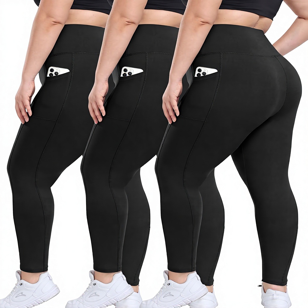 3 Pack Plus Size Solid Knee-Length Leggings Pockets Women High-Waisted Tummy Control Spandex Soft Black Summer Workout Pants