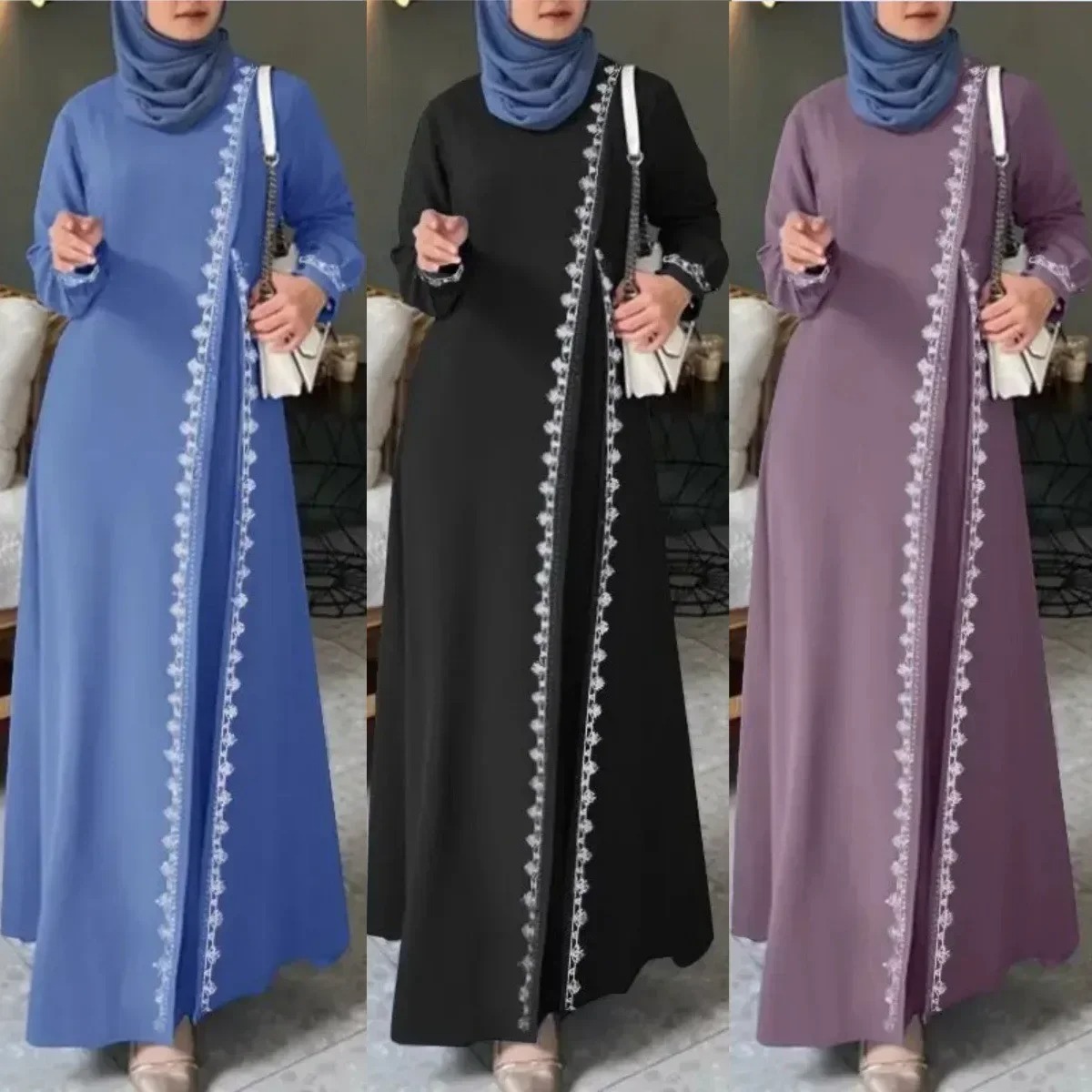 Muslim Women Lace Robe Dress Fashion Long Sleeve Vest Spring Casual Dresses for Women