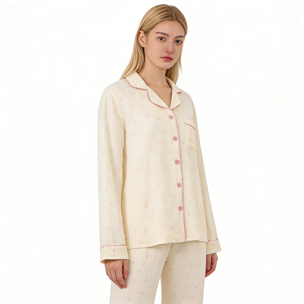 Skin-Friendly Breathable Star-Printed 100% Cotton Crepe Fabric Collar Country-Style Women's Pajamas