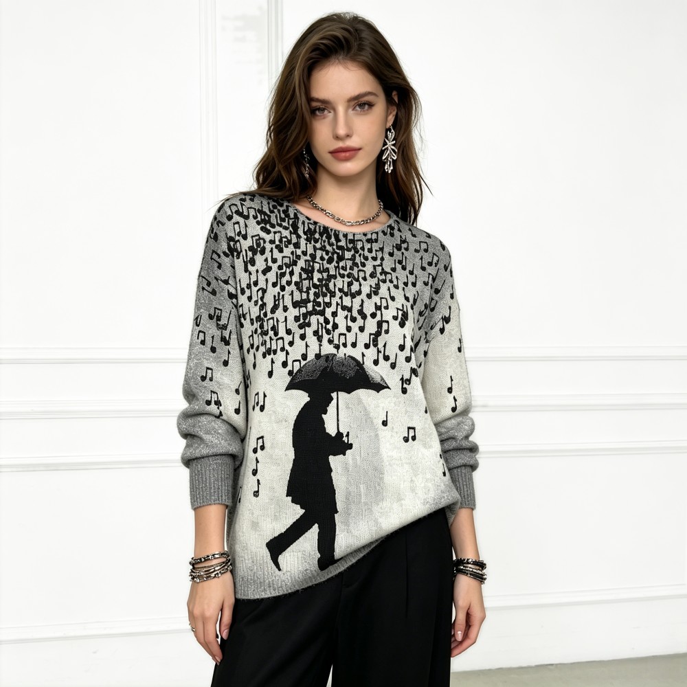Women's Vintage Gray Umbrella Man Music Note Print Knit Sweater Casual Crewneck Oversized Long Sleeve All Match Knitwear