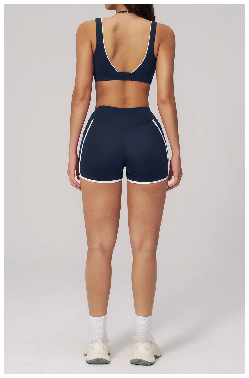 Womens Casual Fashionable Active 2 Piece Fitness Clothing with Deep V Neck Layered Sports Yoga Bra High Waist Gym Running Mini Shorts