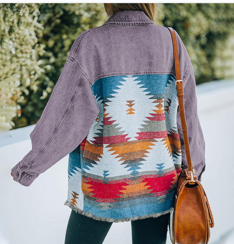 2023 Latest Hot Selling Western Custom Long Sleeve Loose Shacket Coat Outerwear Vintage Denim Aztec Jacket for Women