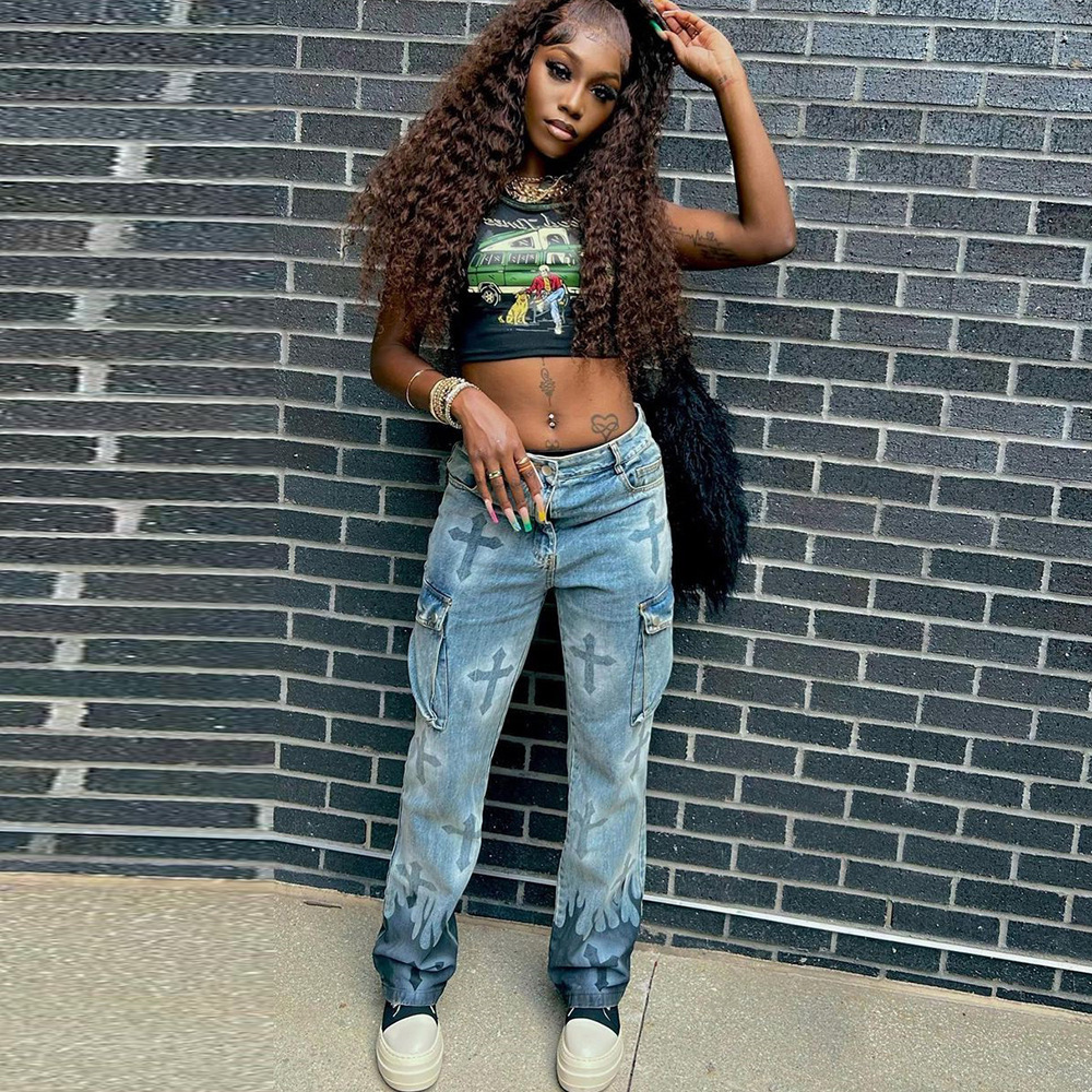 Women's Denim Jeans Cross-border Women's Clothing 2024 New Street Fashion Multi-pocket Pants