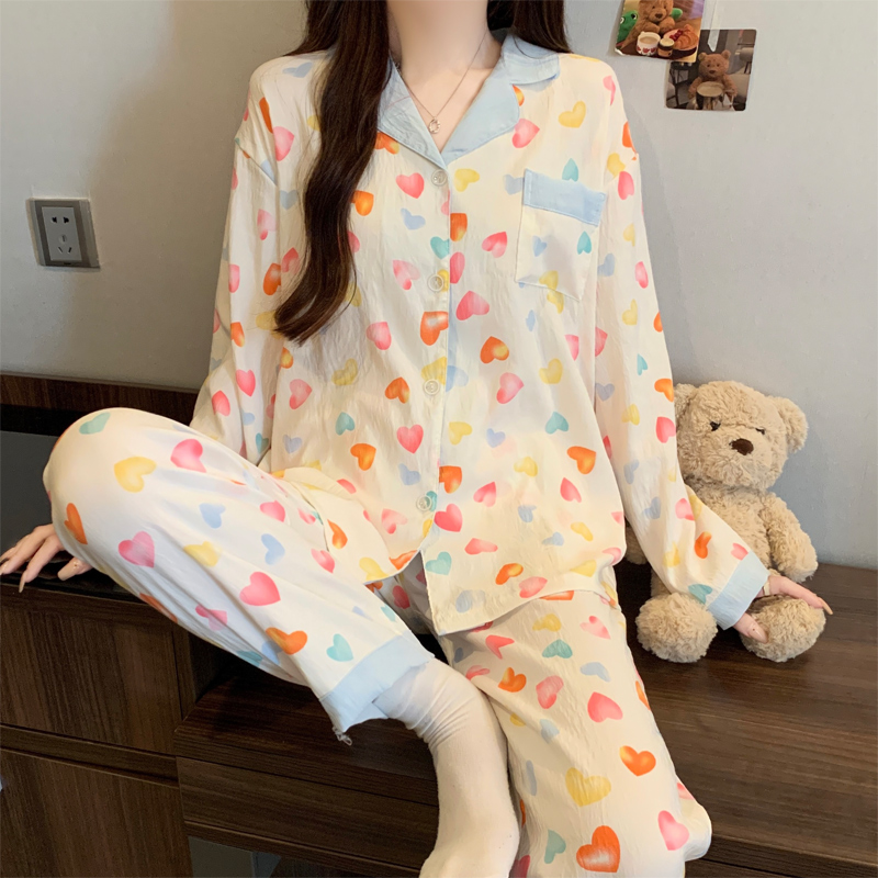 Sweet Heart Print Autumn New Arrival Women's Comfortable Loungewear Set With Collar and Long Sleeves