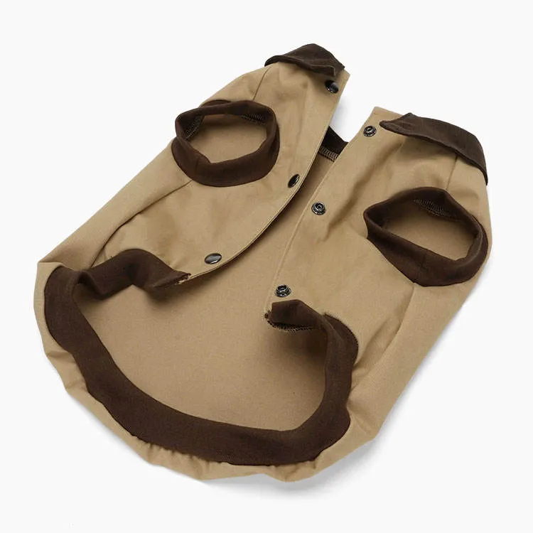 Khaki Canvas Winter Dog Jacket Windproof Pet Coat with Brown Trim Casual Dog Clothes with Snap Buttons