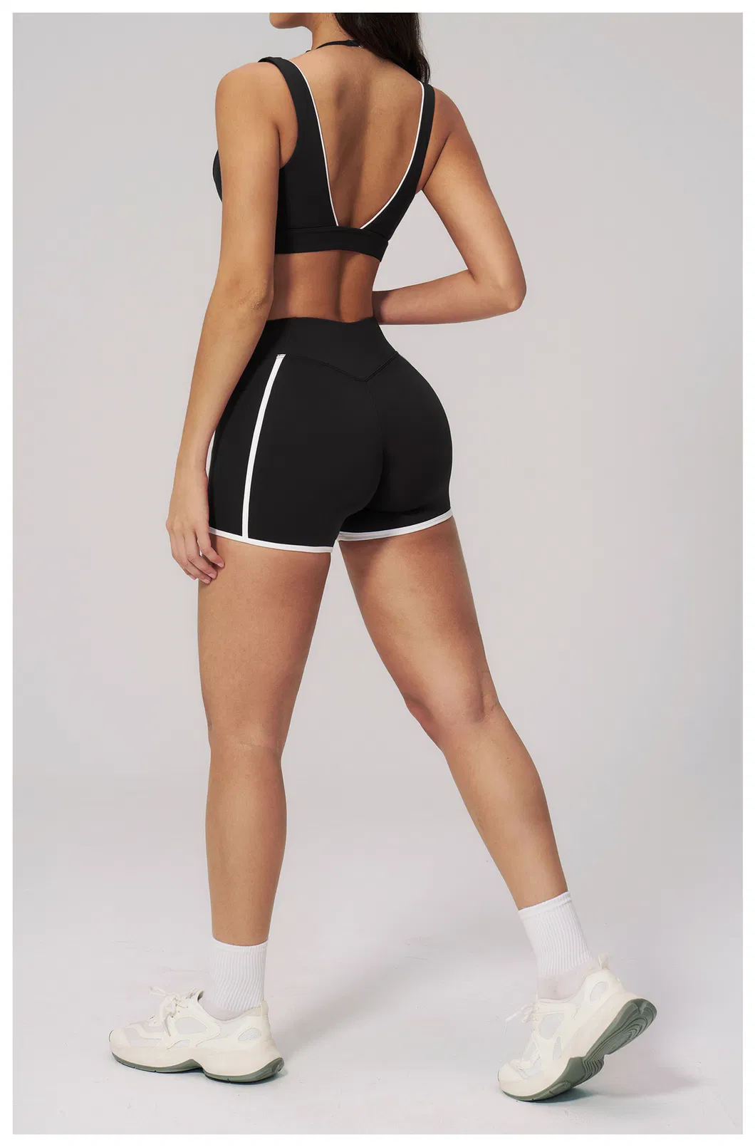 Womens Casual Fashionable Active 2 Piece Fitness Clothing with Deep V Neck Layered Sports Yoga Bra High Waist Gym Running Mini Shorts