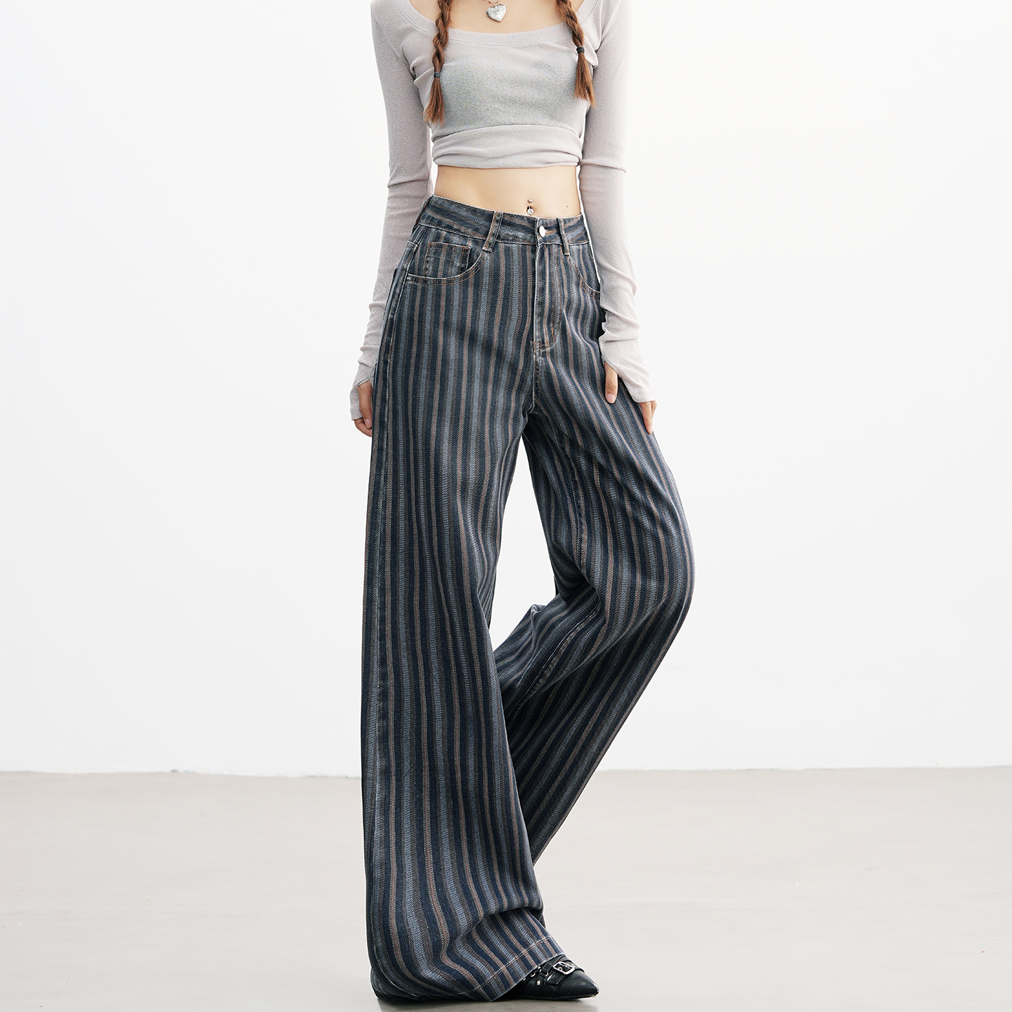 Spring Autumn Women's Design - Sense Niche Black Vertical Stripe High - Waist Loose Wide - Leg Denim Jeans