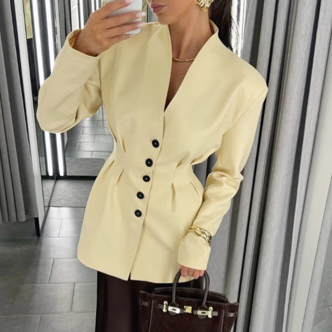 Enyami Retro Women's Autumn Winter New Single-Breasted Chic Outwear Waist Long-Sleeved Jacket V-Neck Blazer