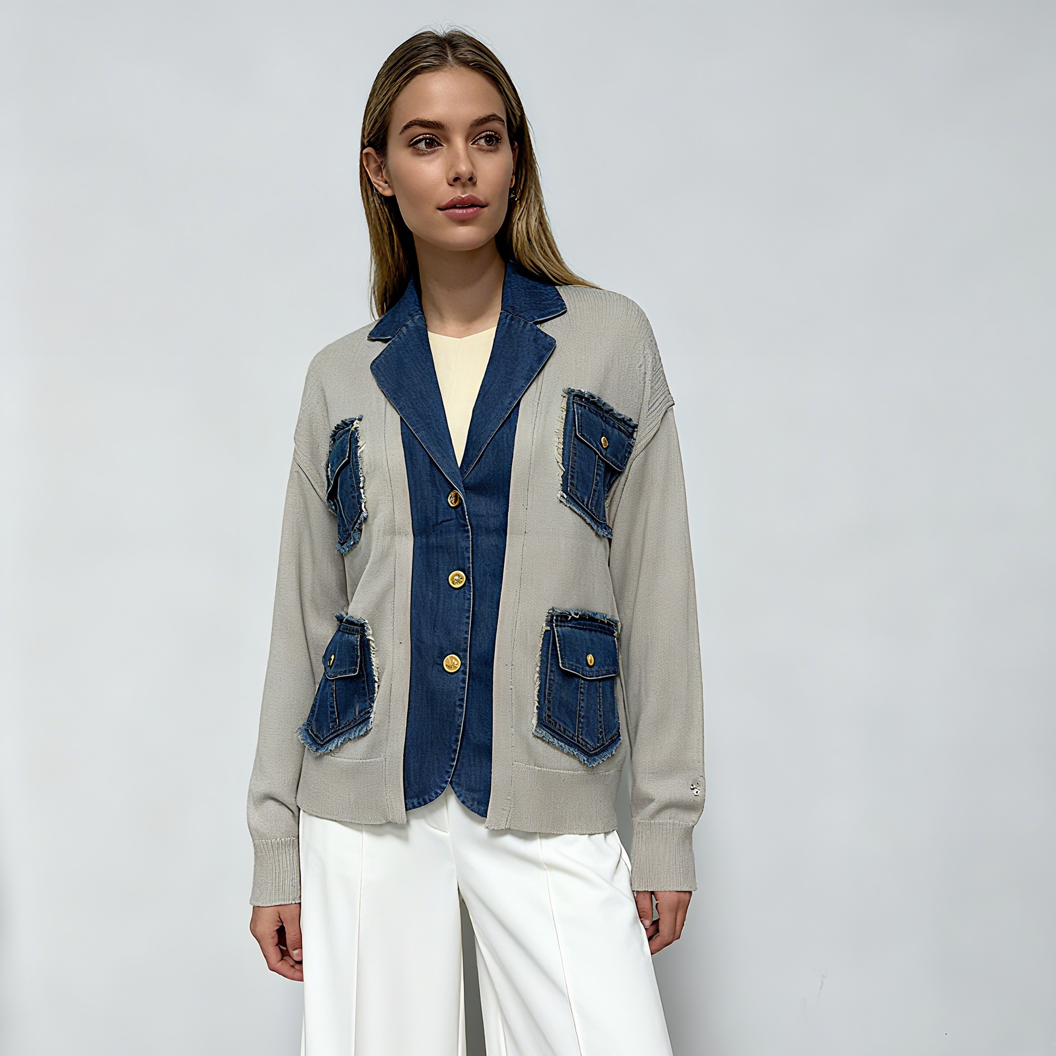Denim Patchwork Knitted Cardigan With Blazer Collar Women's Coat Autumn Winter Fashion Statement Outerwear
