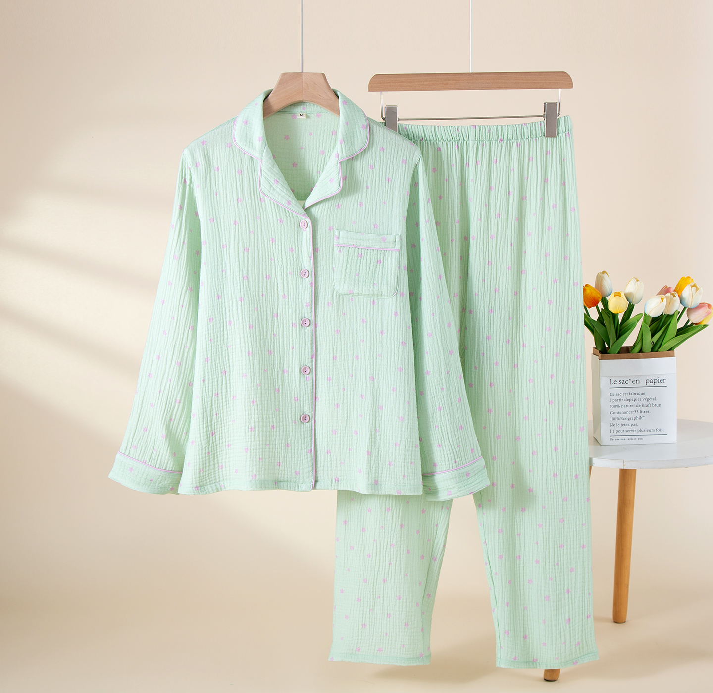 Skin-Friendly Breathable Star-Printed 100% Cotton Crepe Fabric Collar Country-Style Women's Pajamas