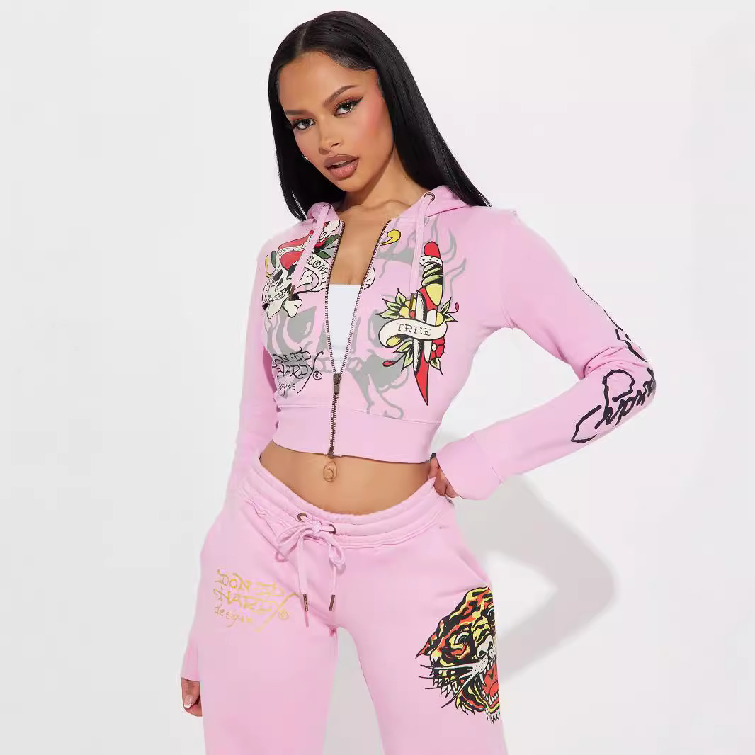 Streetwear Hoodie Fall Zip Hooded Crop Tops and Sweat Pants Graphic Printed Casual Plus Size 2 Piece Set Women Jogger Sets