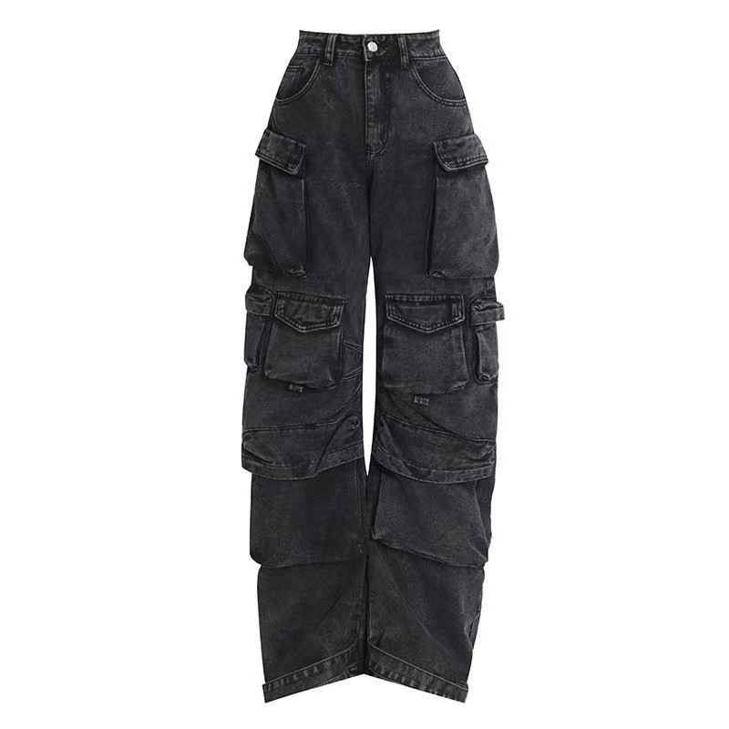 Women's Fashionable Streetwear Cargo Pants with Large Print Multi-Pockets Baggy Harem Jeans Style Washed Denim Fabric for Ladies