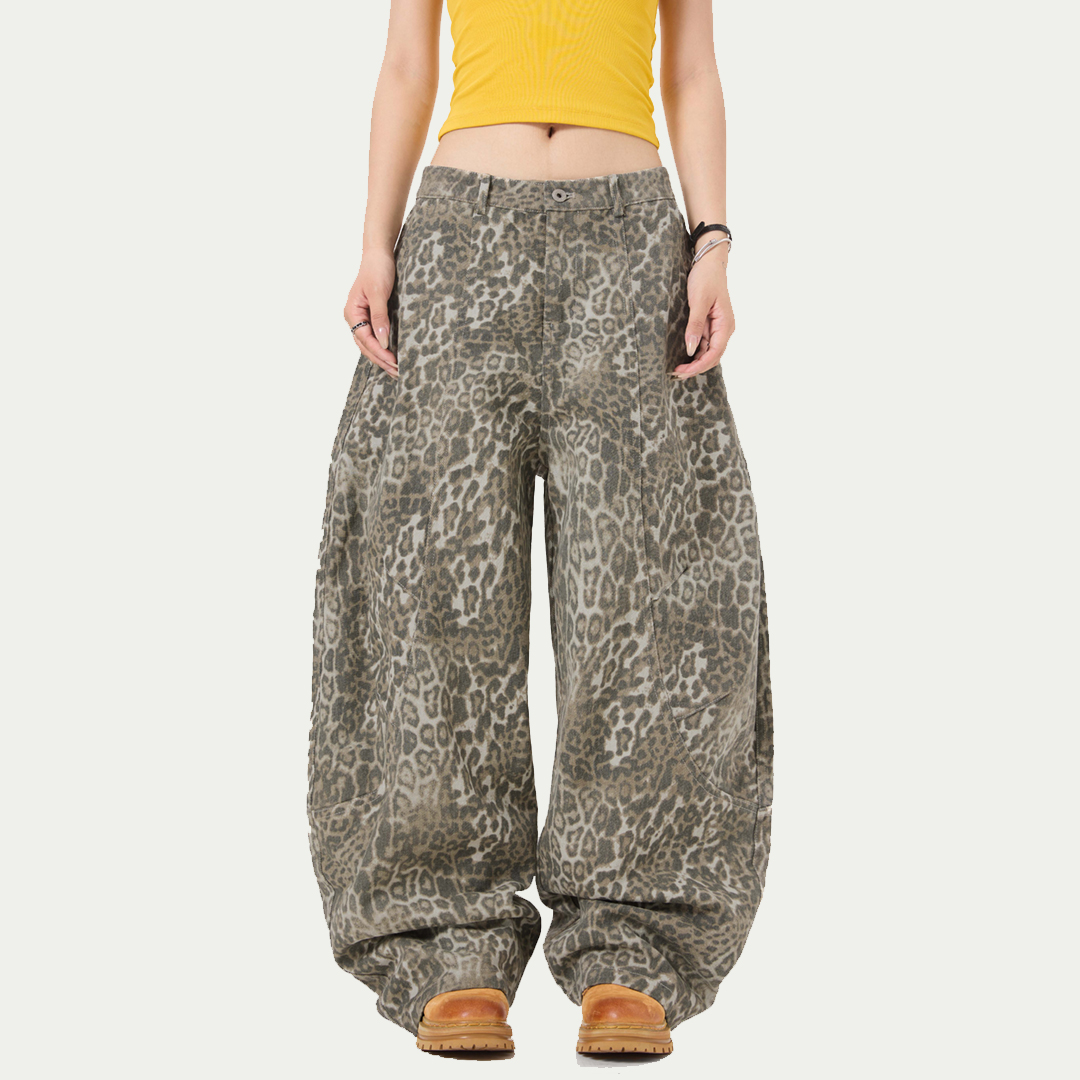 High Quality Original Design American Vintage Leopard Print Canvas Scimitar Pants Custom Men's Women's Streetwear Baggy Wide Leg