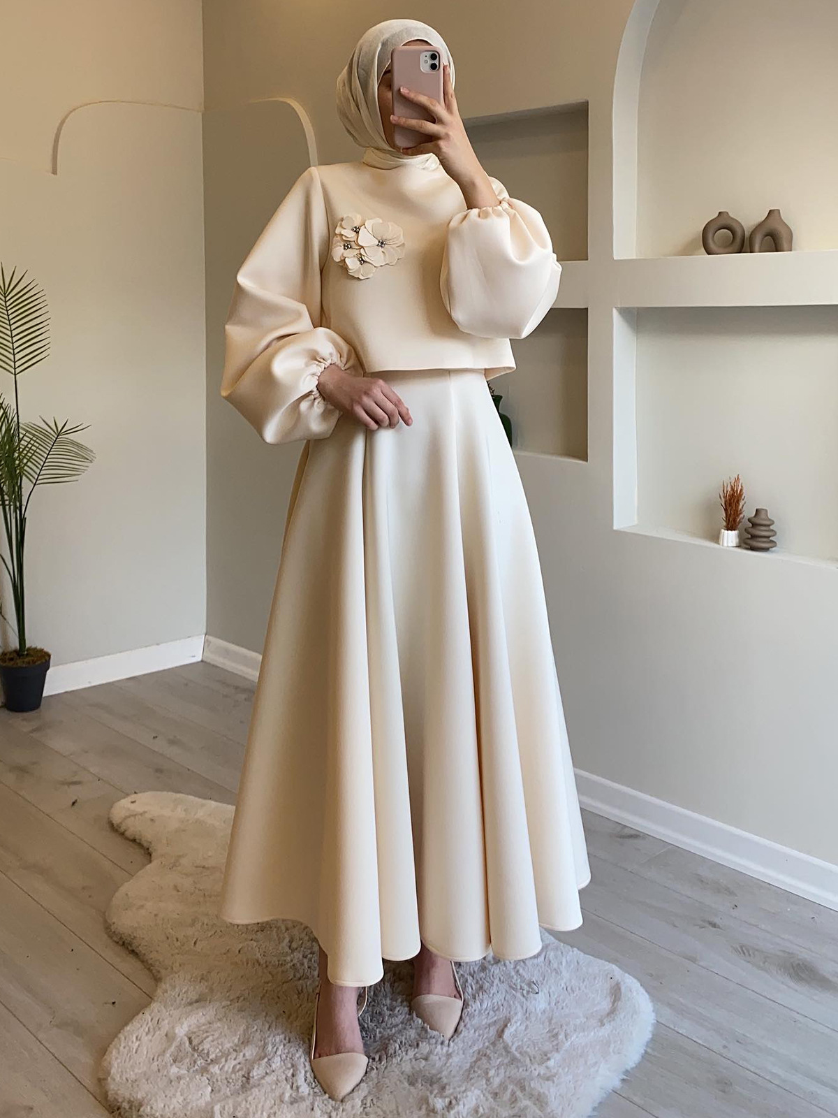 2025 Autumn Collection New Women's Casual Loose Dress Long Lantern Sleeves Solid Color Islamic Muslim Eco-Friendly Two Piece Set