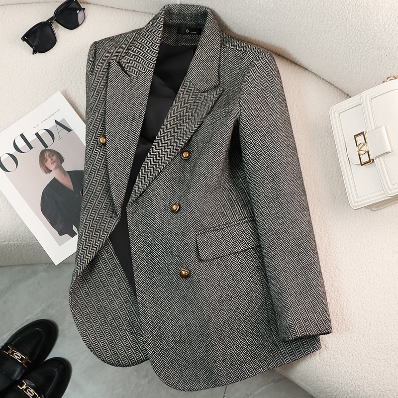 2024 Women's Gray Suit Coat High Quality Casual Outerwear for Spring Autumn Winter Thick Small Suit