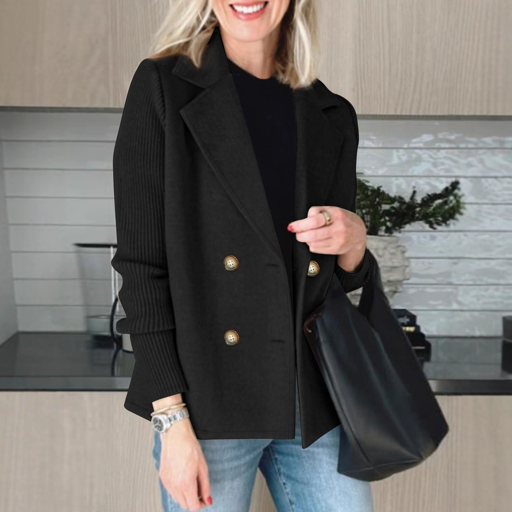 Women's Eco-friendly Knitted Thermal Long Double Breasted Button Woolen Coat Winter Lapel Office Chic Elegant Blazer Outerwear