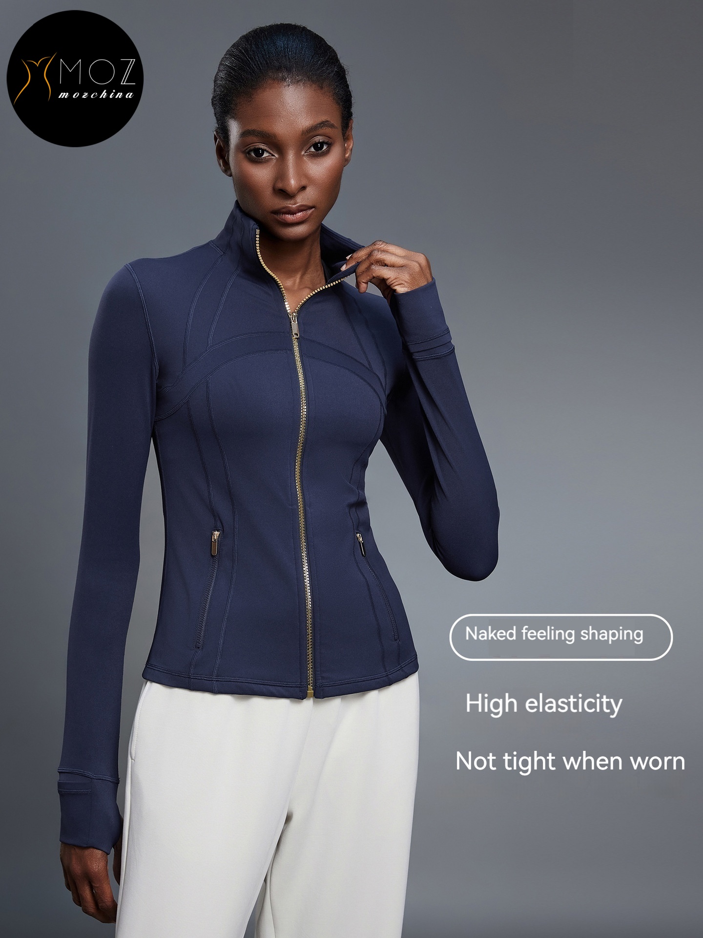 Women's Lightweight Stand Collar Yoga Jacket Golden Zip Outerwear for Running &amp; Fitness Soft &amp; Comfortable Lounge Coat Design