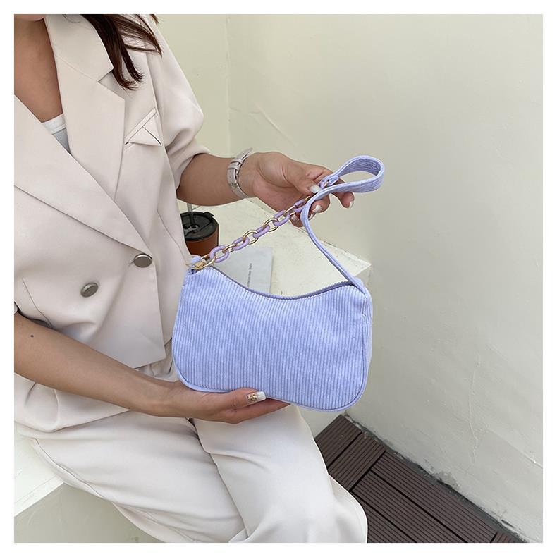 Wholesale Solid Color Simple Women's Handbags Casual Chain Crossbody Corduroy Striped Tote Bag
