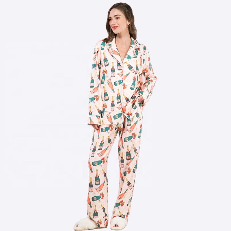 Custom Loungewear Women's Sleepwear Pajamas Set Lounge Wear Spring and Autumn Wine Bottles Printed Shirt Pajama Set