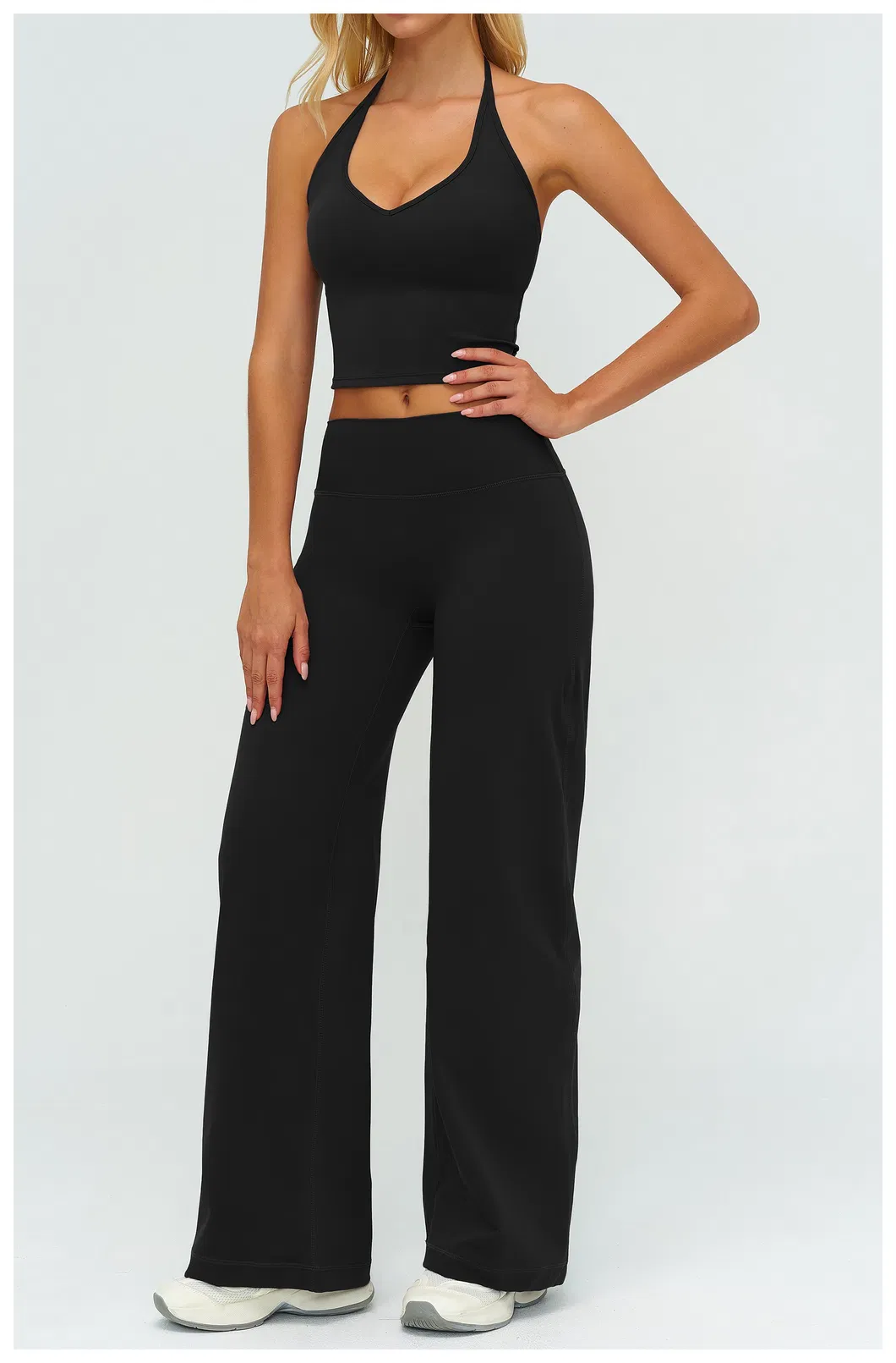 Elegant Resort Wear Yoga Set Halter Neck Top & Flowing Wide Leg Palazzo Pants, Naked Feel for Beach & Vacation