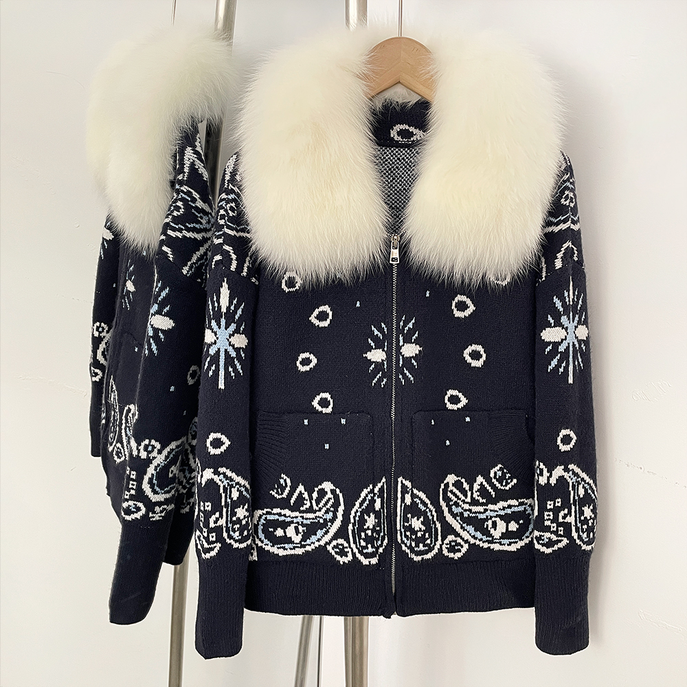 Luxurious Women's Knit Cardigan with Real Fox Fur Collar Vintage Paisley Zip-Up Sweater Jacket Warm Winter Luxury Outerwear