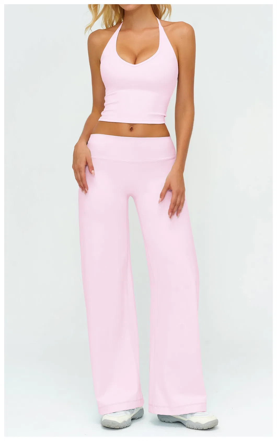 Elegant Resort Wear Yoga Set Halter Neck Top & Flowing Wide Leg Palazzo Pants, Naked Feel for Beach & Vacation