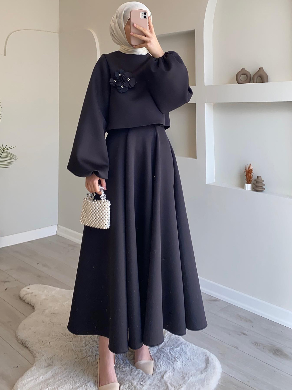 2025 Autumn Collection New Women's Casual Loose Dress Long Lantern Sleeves Solid Color Islamic Muslim Eco-Friendly Two Piece Set
