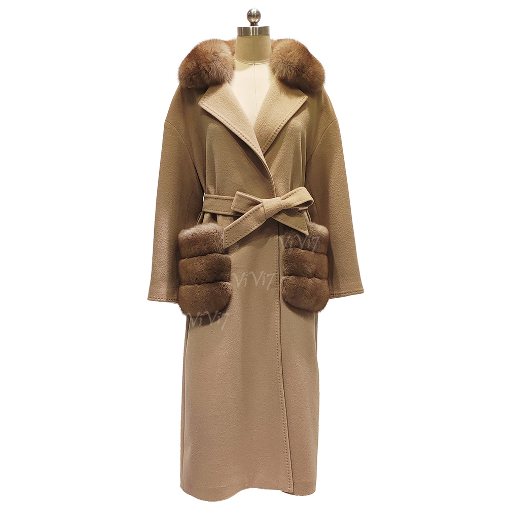 ViVi7 Luxury High End Premium Elegant 100% Wool Fabric Belted Waist Tie Waist Long Length Overcoat Women Wool Fox Fur Coat