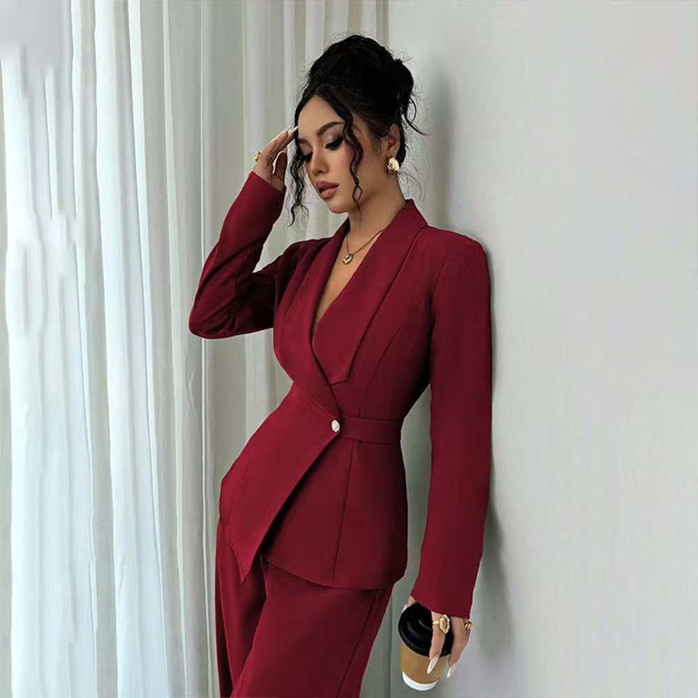 Customizable Women's Elegant Vintage Fashion 2-Piece Set Long-Sleeve Blazer Breathable Eco-Friendly Straight-Leg Pants 100%