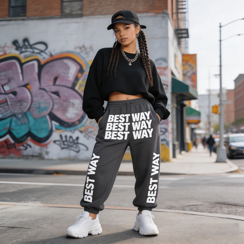 Activewear Ladies Streetwear Custom Screen Printing Side Stripe Straight Fit Loose Leg Sweat Pants with Drawstring