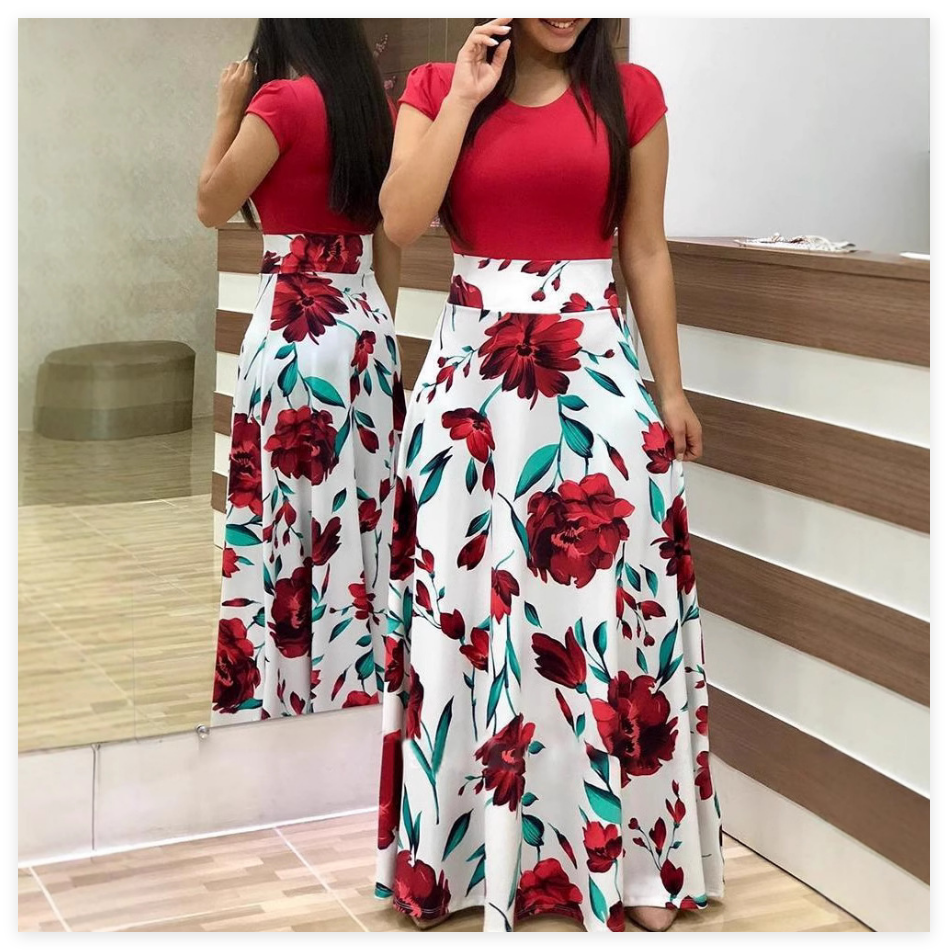 Floral Print Maxi Dress Women Short Sleeve O-Neck Chiffon Patchwork Long Gown Plus Size Bohemian Beach Party Summer Sundress