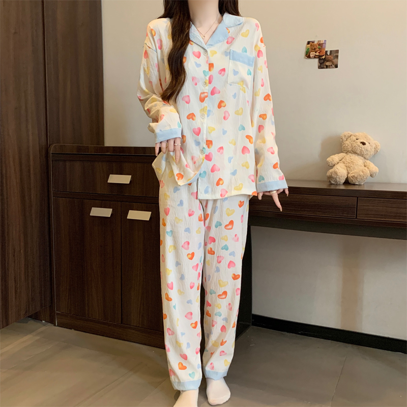 Sweet Heart Print Autumn New Arrival Women's Comfortable Loungewear Set With Collar and Long Sleeves