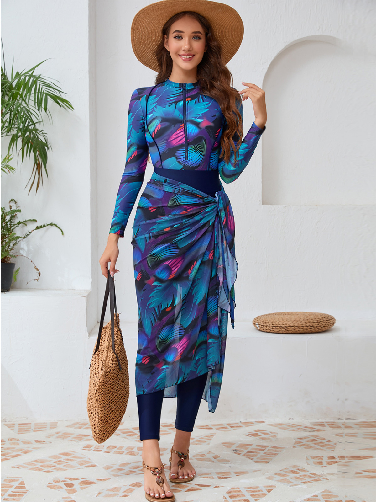 Custom Printed 3-Piece Set Conservative Muslim Beachwear Swimsuit UV Resistant Modest Fashion Women Burkini Set