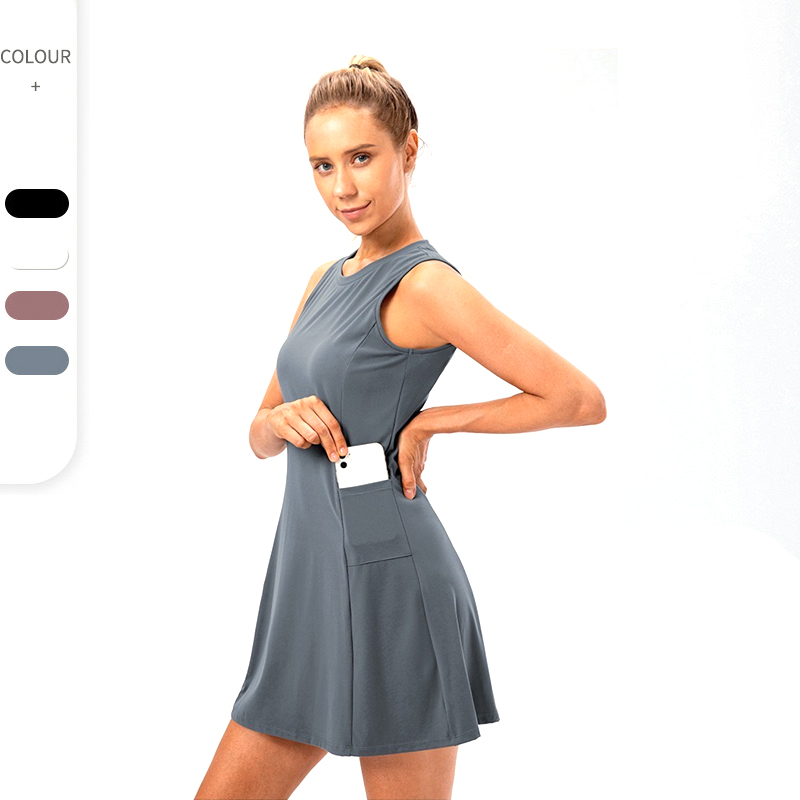 Hot-sale Womens Modest Activewear Set Tennis Golf Outfits Sleeveless Casual Exercise Dress With Detached Shorts + Side Pockets