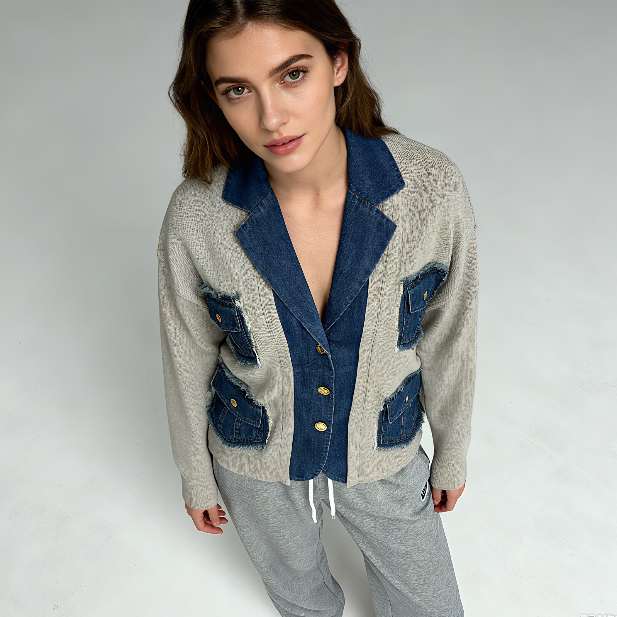 Denim Patchwork Knitted Cardigan With Blazer Collar Women's Coat Autumn Winter Fashion Statement Outerwear