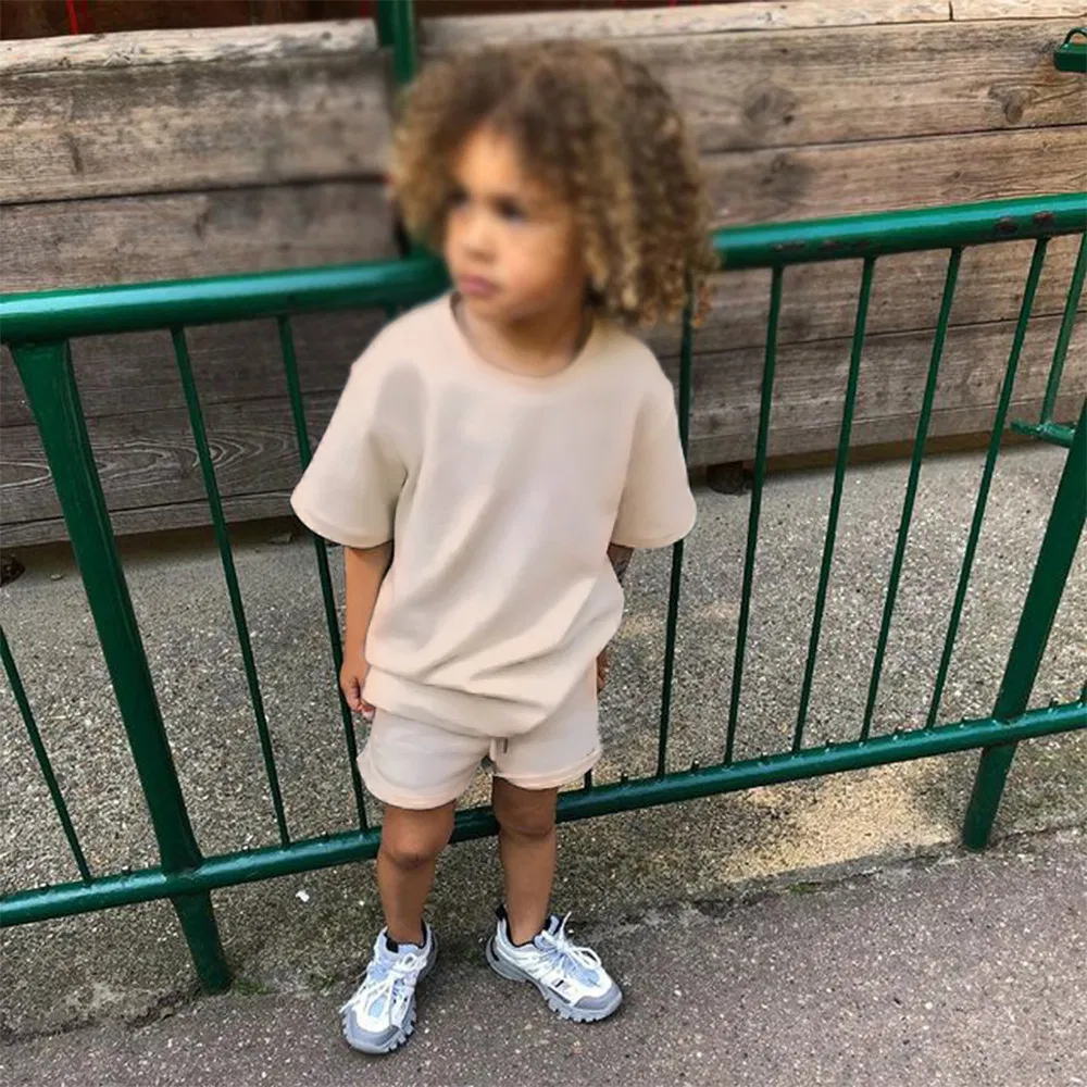High Quality Boys Girls Summer Baby Clothes Kids Pure Color Cotton Casual Crewneck Short Sleeve T Shirt Shorts Set OEM Boys Tracksuits