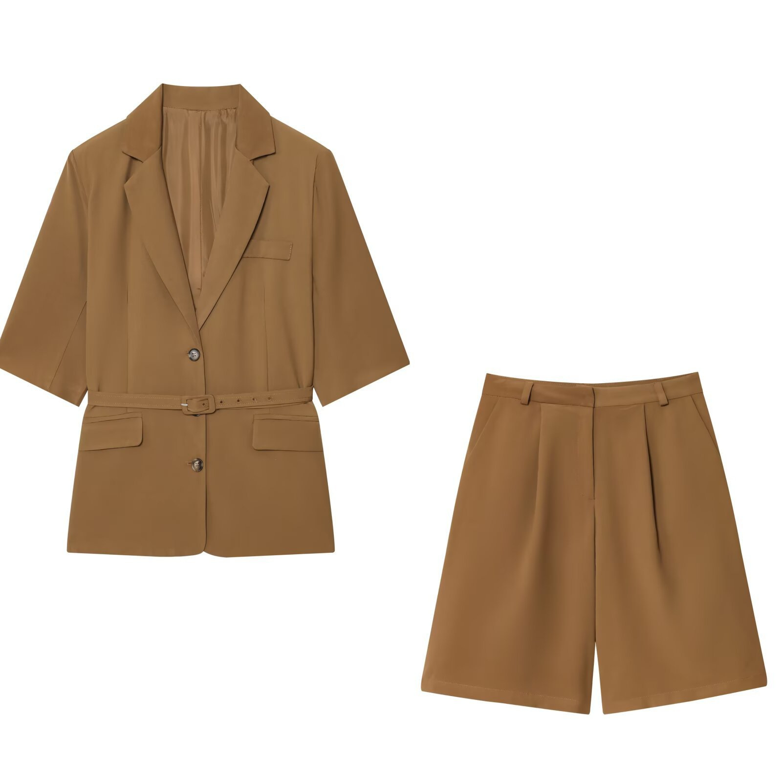 A New Autumn Women's Collection Featuring a Short-sleeved blazer with a Belt and Wide Shorts in Solid Colors for a Stylish Look