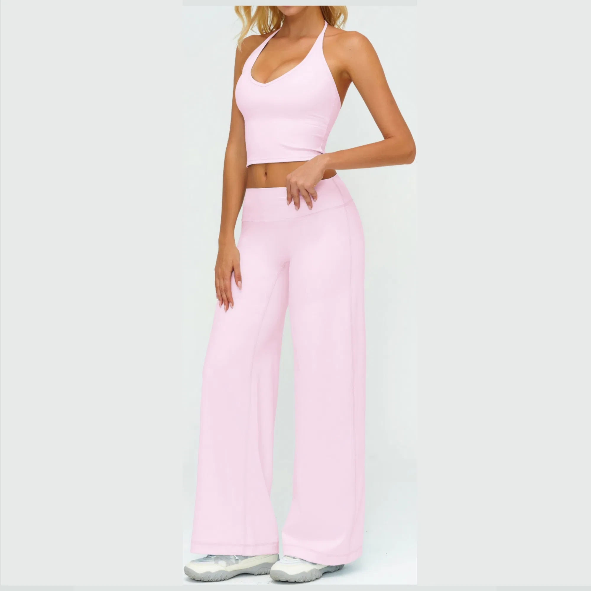 Elegant Resort Wear Yoga Set Halter Neck Top &amp; Flowing Wide Leg Palazzo Pants, Naked Feel for Beach &amp; Vacation