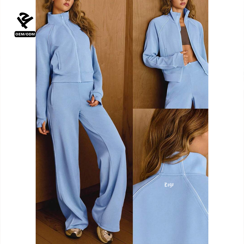 F5783 Custom Two Piece Set Women Clothing Sweat Set Tracksuit Matching Outfit Zip up Jacket Wide Leg Sweatpants Set Lounge Wear